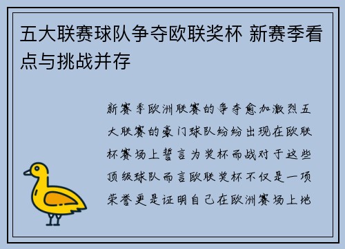 五大联赛球队争夺欧联奖杯 新赛季看点与挑战并存