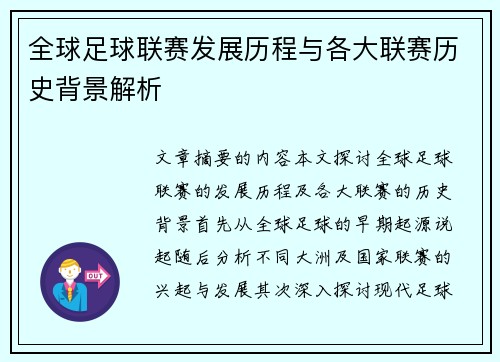 全球足球联赛发展历程与各大联赛历史背景解析