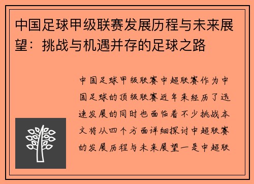 中国足球甲级联赛发展历程与未来展望：挑战与机遇并存的足球之路