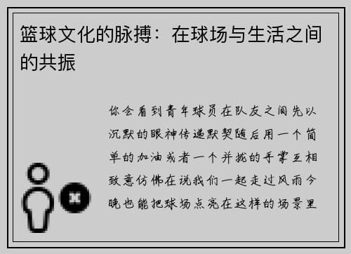 篮球文化的脉搏：在球场与生活之间的共振