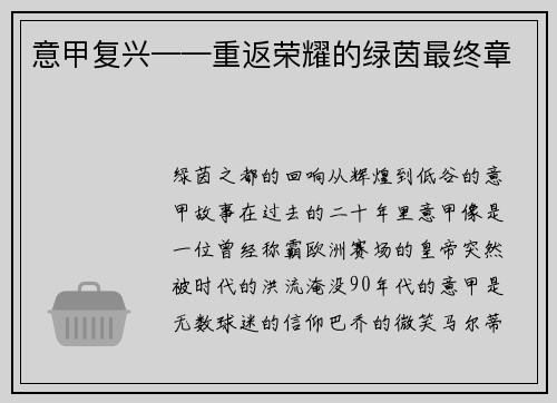 意甲复兴——重返荣耀的绿茵最终章