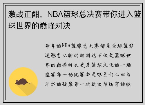激战正酣，NBA篮球总决赛带你进入篮球世界的巅峰对决